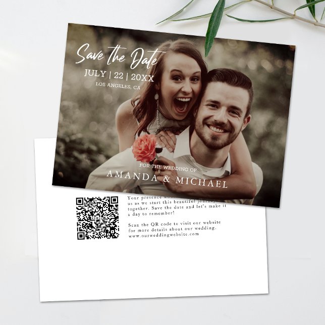 Moderner Foto QR Code Einfache Hochzeit speichern  Einladung (Save time and reduce wedding planning stress with this QR code Save the Date card.)