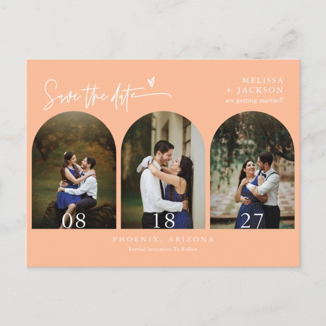 Moderner Foto QR-Code für Peach Arch Save the Date Postkarte (Vorderseite)