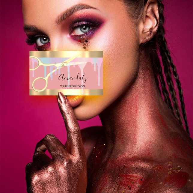 Moderner Friseur Coiffeur Goldschere Pink Visitenkarte (Modern Hairdresser Coiffeur Gold Scissors Pink Business Card)