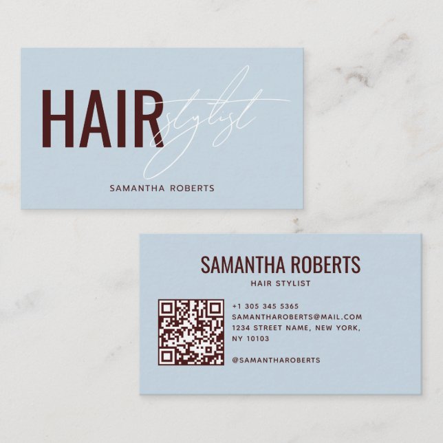 Moderner Friseur QR-Code blau rot Visitenkarte (Vorne/Hinten)