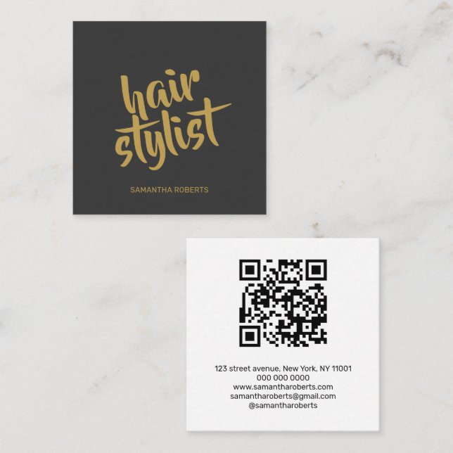 Moderner Friseur-Script grau-goldener QR-Code Quadratische Visitenkarte (Vorne/Hinten)