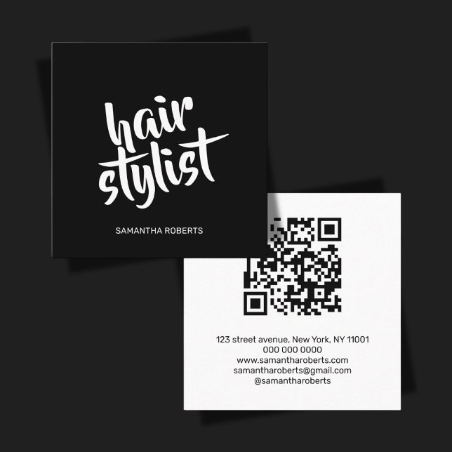 Moderner Friseur-Script Schwarz-Weiß-QR-Code  Quadratische Visitenkarte (Von Creator hochgeladen)