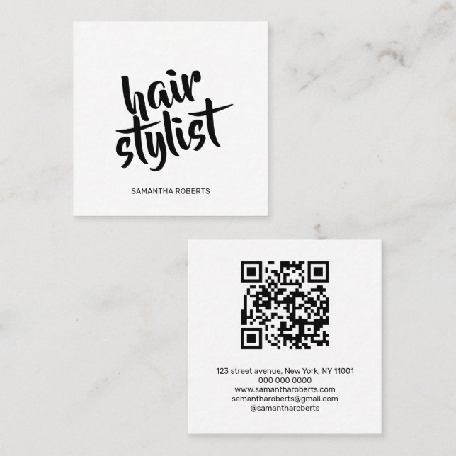 Moderner Friseur-Script weiß schwarzer QR-Code  Quadratische Visitenkarte (Vorne/Hinten)
