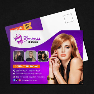 Moderner Friseursalon für Schönheit mit lila Haare Postkarte