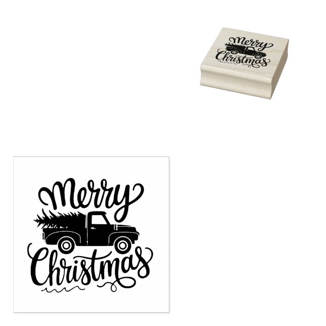 Moderner froher Weihnachtswagen und Baum Gummistempel (Stempel)