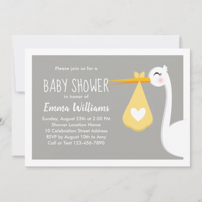Moderner Gelber Grauer Stork Bird | Niedliche Baby Einladung (Vorderseite)