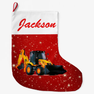 Moderner Gelber Loader Traktor auf roter Seite Großer Weihnachtsstrumpf