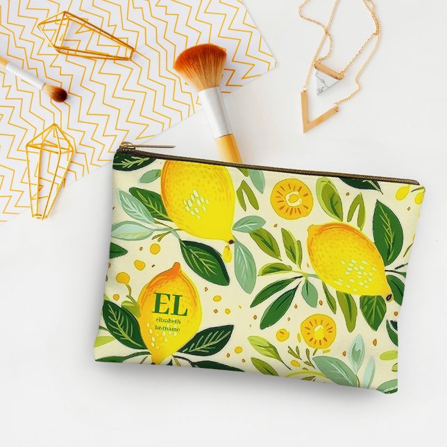 Moderner Gelbklee Personalisiert Zubehörtasche (Modern Yellow Lemon Print Personalized Accessory Pouch)
