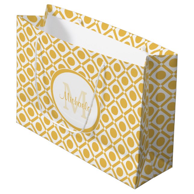 Moderner geometrischer Mit Monogramm Name Gelb und Große Geschenktüte (Vorderseite Schrägansicht)