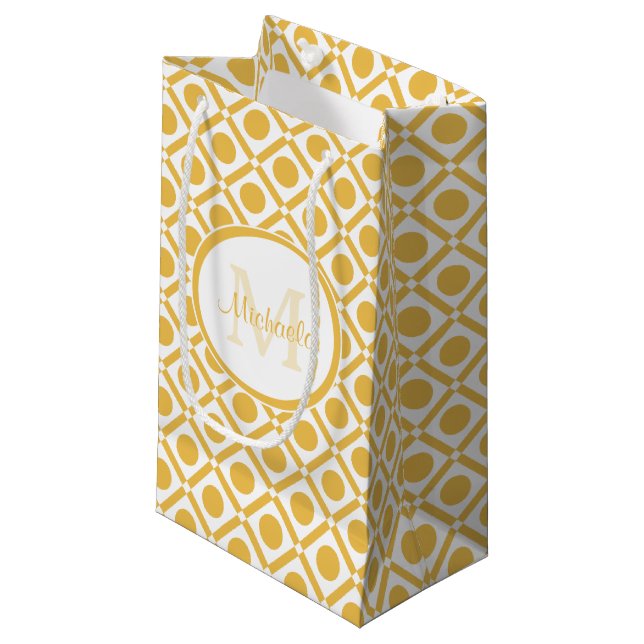 Moderner geometrischer Mit Monogramm Name Gelb und Kleine Geschenktüte (Vorderseite Schrägansicht)