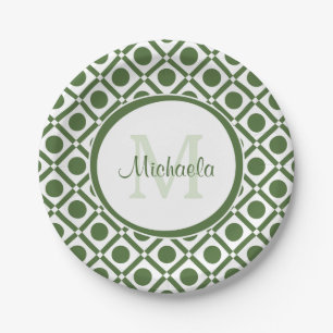 Moderner geometrischer Mit Monogramm Name Grün und Pappteller