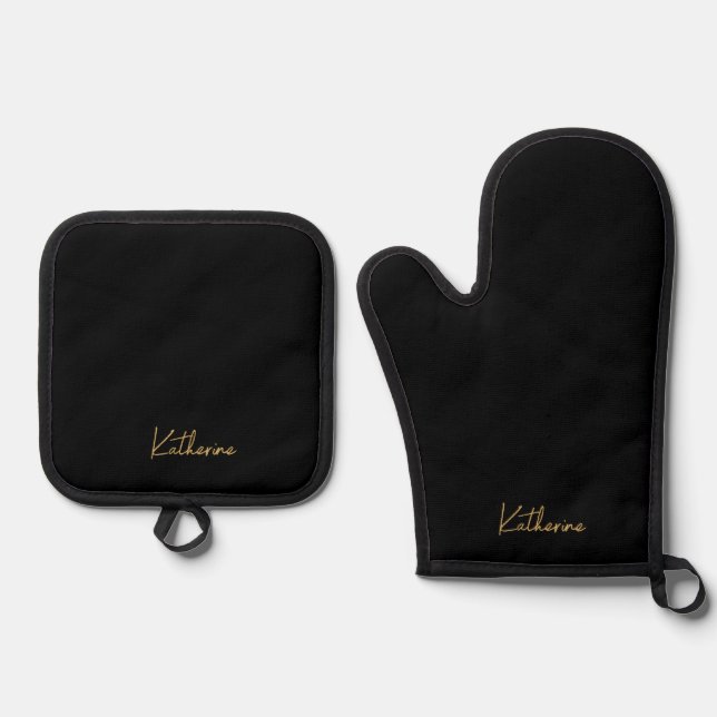 Moderner Gesamter Name Schwarz/Gold-Script Ofenhandschuh & Topflappen-Set (Vorderseite)