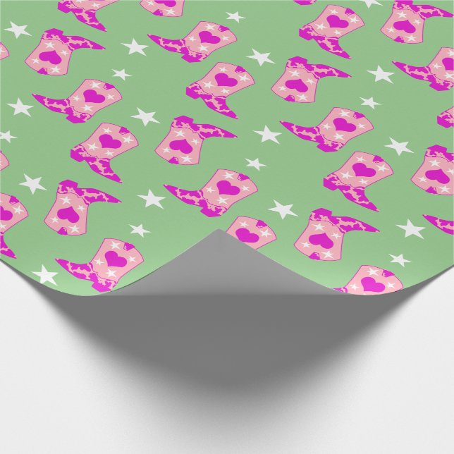 Moderner Girly Pink Cowgirl Western Boots Green Geschenkpapier (Ecke)