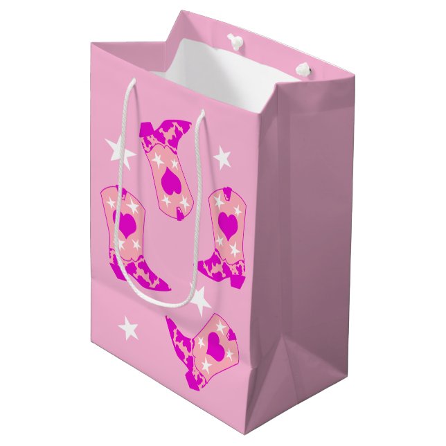 Moderner Girly Pink Cowgirl Western Boots Stars Mittlere Geschenktüte (Vorderseite Schrägansicht)