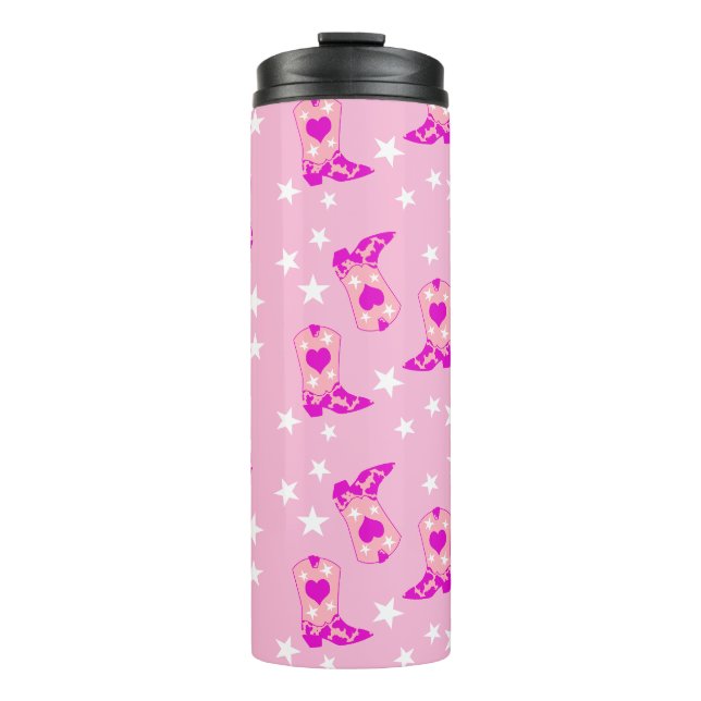 Moderner Girly Pink Cowgirl Western Stiefts Stars  Thermosbecher (Vorderseite)