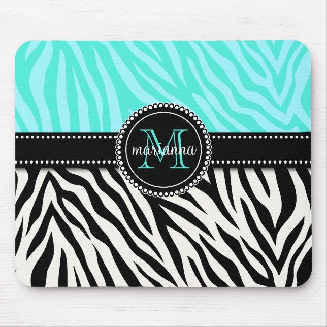 Moderner Girly schwarzer Aquazebra-Druck Mousepad (Vorne)