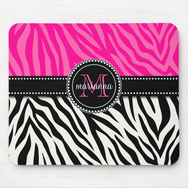 Moderner Girly schwarzer rosa Zebra-Druck Mousepad (Vorne)