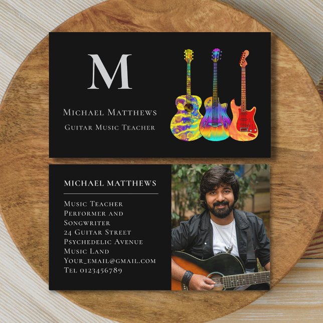 Moderner Gitarrenmusiklehrer Maßgeschneidertes Fot Visitenkarte (Stylish guitar teacher musician custom photo business card)