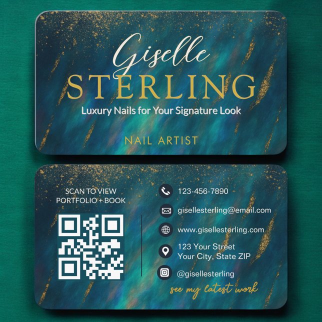 Moderner Glam Nail Artist Green Opal QR-Code Visitenkarte (Von Creator hochgeladen)