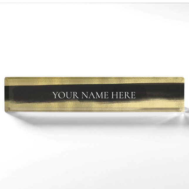 Moderner Glam Schwarz & Gold Pinselstriche Strip Namensplakette (Vorderseite)