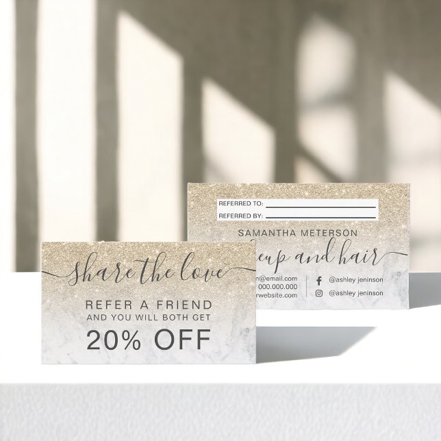 Moderner Glitzer aus leicht vergoldetem Marmor omb Empfehlungskarte (Modern light gold glitter marble ombre chic referral card)