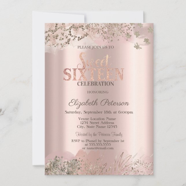 Moderner Glitzer Diamonds Rose Gold Sweet 16 Einladung (Vorderseite)