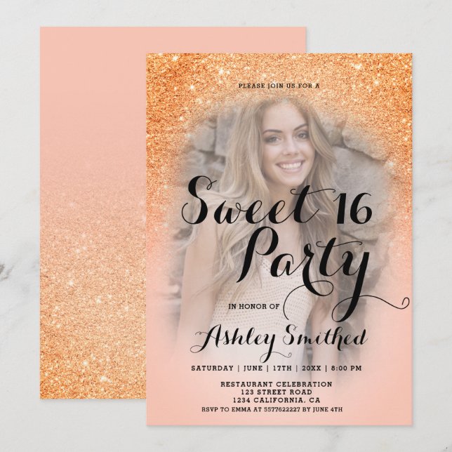 Moderner Glitzer ombre Foto Sweet 16 Einladung (Vorne/Hinten)