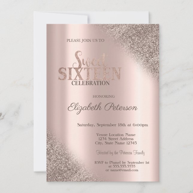 Moderner Glitzer Ombre Rose Gold Sweet 16 Einladung (Vorderseite)