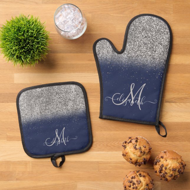 Moderner Glitzer Ombre Silver Monogram Navy Blue Ofenhandschuh & Topflappen-Set (Oben Unten)
