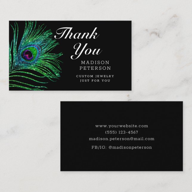 Moderner Glitzer Peacock Feather Boho Juwelier Visitenkarte (Vorne/Hinten)