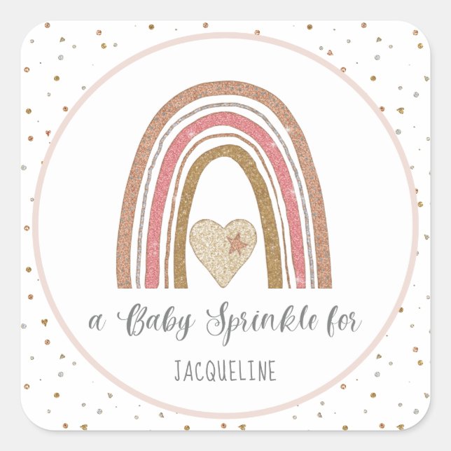 Moderner Glitzer Rainbow Pink Gold Baby Sprinkle Quadratischer Aufkleber (Vorderseite)