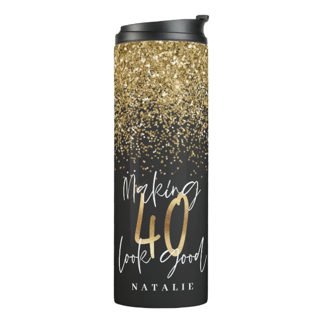 Moderner Glitzer schwarz und gold 40. Geburtstag Thermosbecher (Nach links gedreht)