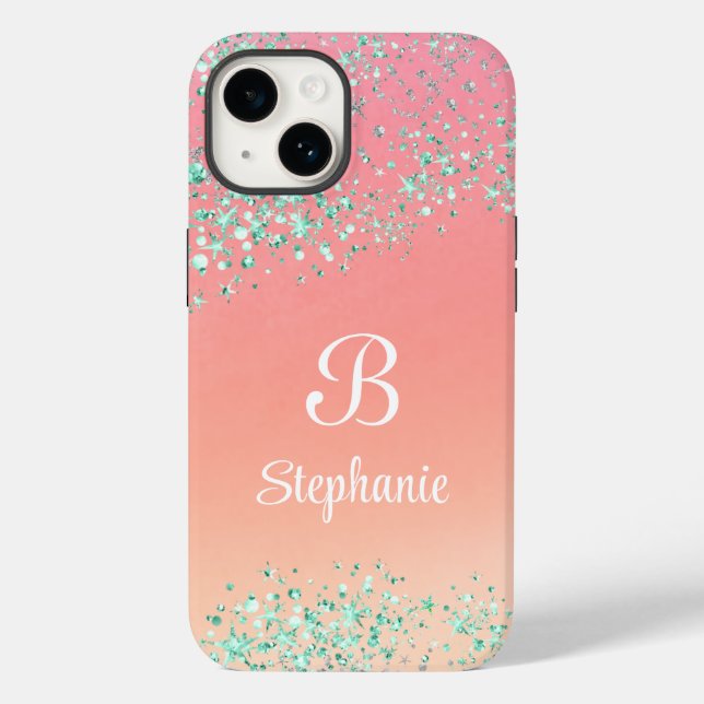 Moderner Glitzer Sparkle Stars Peach Orange Magie Case-Mate iPhone 14 Hülle (Rückseite)