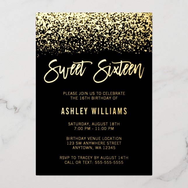 Moderner Glitzer Sweet 16 Black Gold Folieneinladung (Vorderseite)
