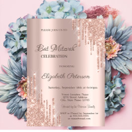 Moderner Glitzer Tropfen Rose Gold Bar Mitzvah Einladung
