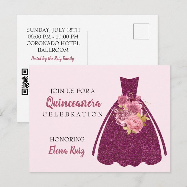 Moderner Glitzer von Quinceañera - QR-Kodex Einlad Ankündigungspostkarte (Vorne/Hinten)