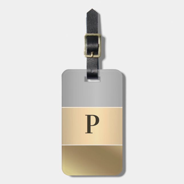 Moderner Gold Chopper Silver Metallic Monogram Nam Gepäckanhänger (Vorderseite vertikal)