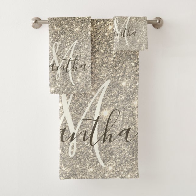 Moderner Gold Glitzer Glitzern Personalisiert Name Badhandtuch Set (Insitu)