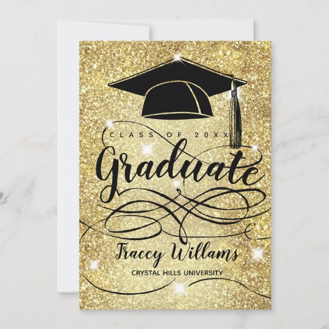 Moderner Gold Glitzer Graduate Cap Foto Abschluss Ankündigung (Vorderseite)