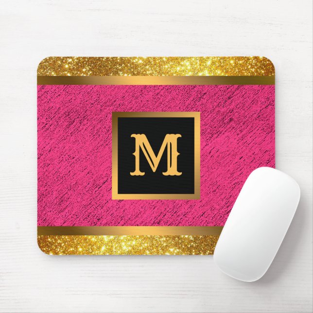 Moderner Gold Glitzer Rosa Linde Mit Monogramm Mousepad (Mit Mouse)