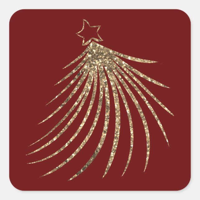 Moderner Gold Glitzer Weihnachtsbaum Rot Quadratischer Aufkleber (Vorderseite)