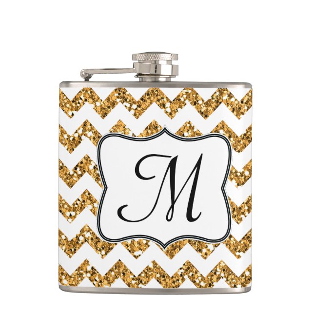 Moderner Gold Glitzer Zickzack Monogram Whiskey Fl Flachmann (Vorderseite)