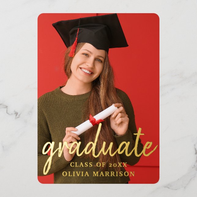 Moderner Gold Graduate 2-Foto Collage Abschluss Folieneinladung (Vorderseite)