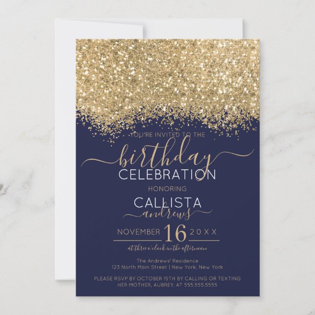 Moderner Gold Navy Glitzer Confetti Birthday Einladung (Vorderseite)