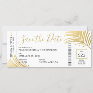 Moderner Gold Palm Leaf Boarding Pass Save the Dat Ankündigung