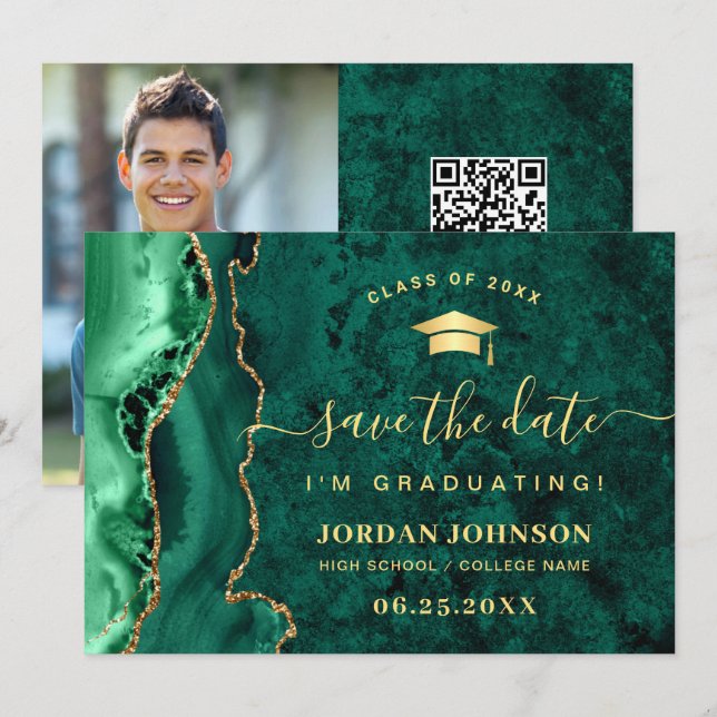 Moderner Golden Emerald Marmor-Abschluss QR-Code Save The Date (Vorne/Hinten)