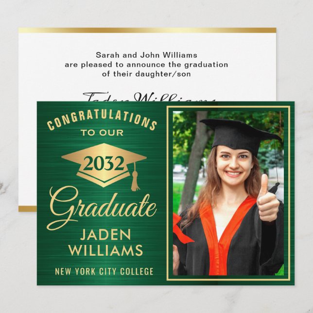 Moderner Golden Green FOTO Abschluss Einladung (Vorne/Hinten)