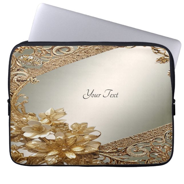 Moderner goldfarbener Verzierter floraler Notebook Laptopschutzhülle (Vorderseite)