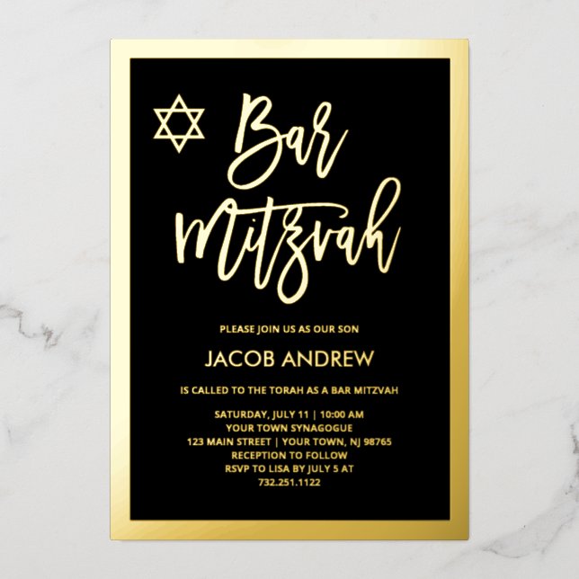 Moderner Goldfilm und Schwarze Bar Mitzvah Folieneinladung (Vorderseite)