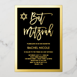 Moderner Goldfilm und schwarzer Bat Mitzvah Folieneinladung